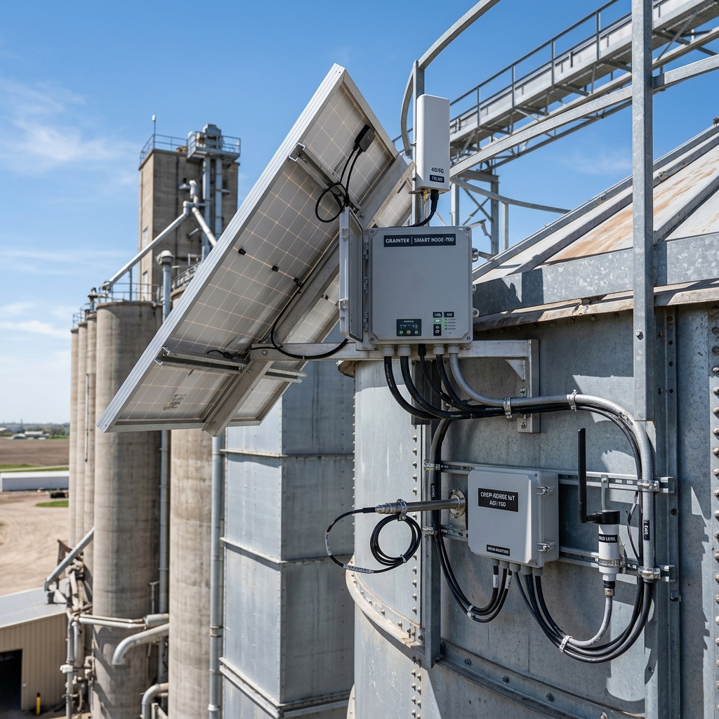 Sensor IoT industrial em silo agrícola, tecnologia Lepitel